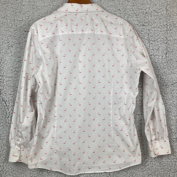 Bar III Organic Cotton Button Shirt Mens L 16 White Pink Flamingos Long Sleeve - Picture 3 of 10